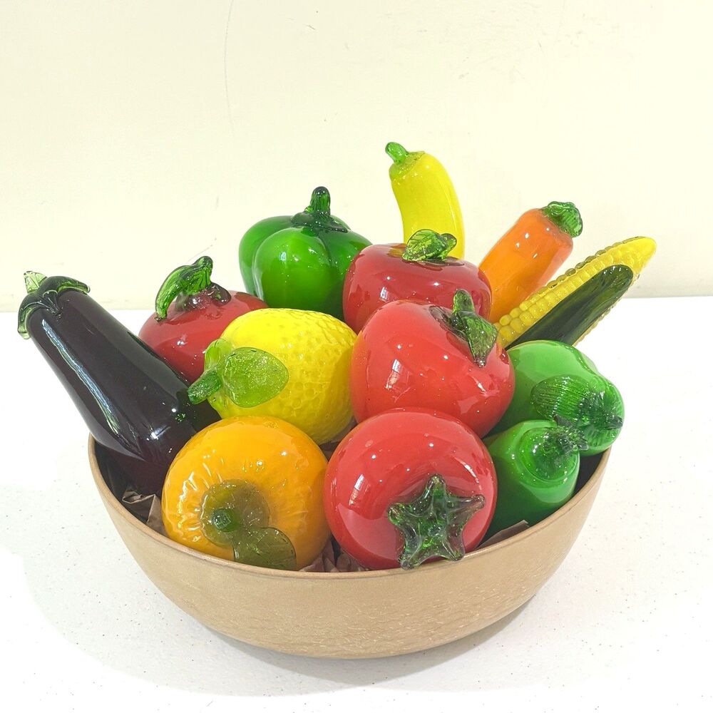 Vintage Murano Style Blown Glass Fruit Vegetable 13pc Set MCM Ellinger Wood Bowl